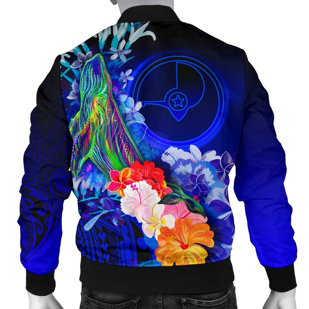 Custom Personalised Yap Men's Bomber Jacket - Humpback Whale with Tropical Flowers (Blue) - Polynesian Pride