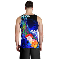 Cook Islands Men's Tank Top - Humpback Whale with Tropical Flowers (Blue) - Polynesian Pride