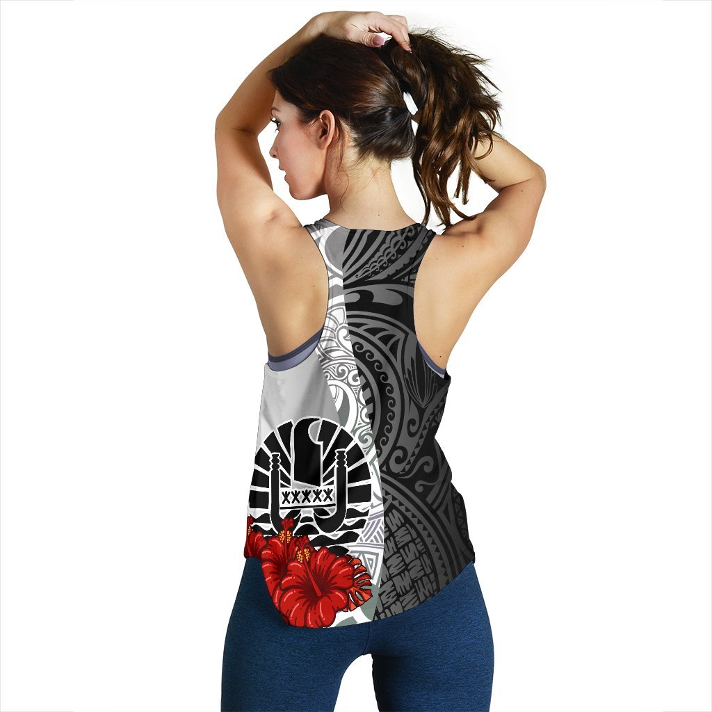 Tahiti Polynesian Women's Racerback Tank - Coat Of Arms With Hibiscus White - Polynesian Pride