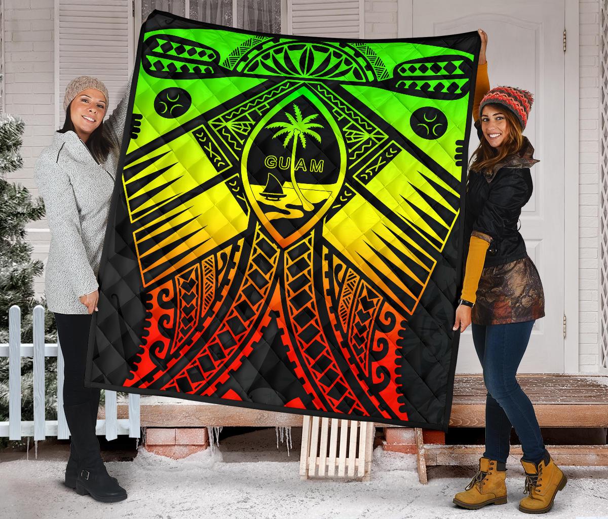 Guam Polynesian Premium Quilt - Guam Reggae Seal with Polynesian Tattoo - Polynesian Pride