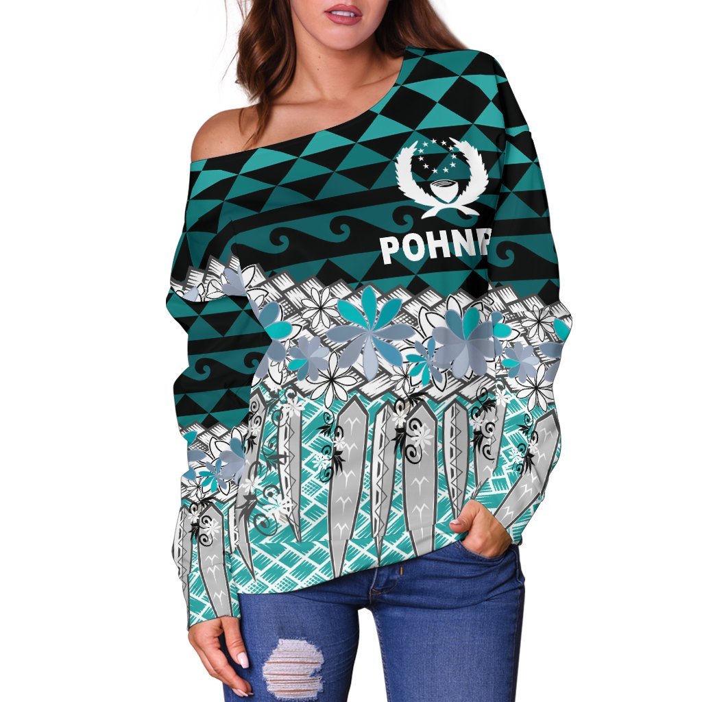 Pohnpei Women's Off Shoulder Sweaters - Coconut Leaves Weave Pattern Blue - Polynesian Pride