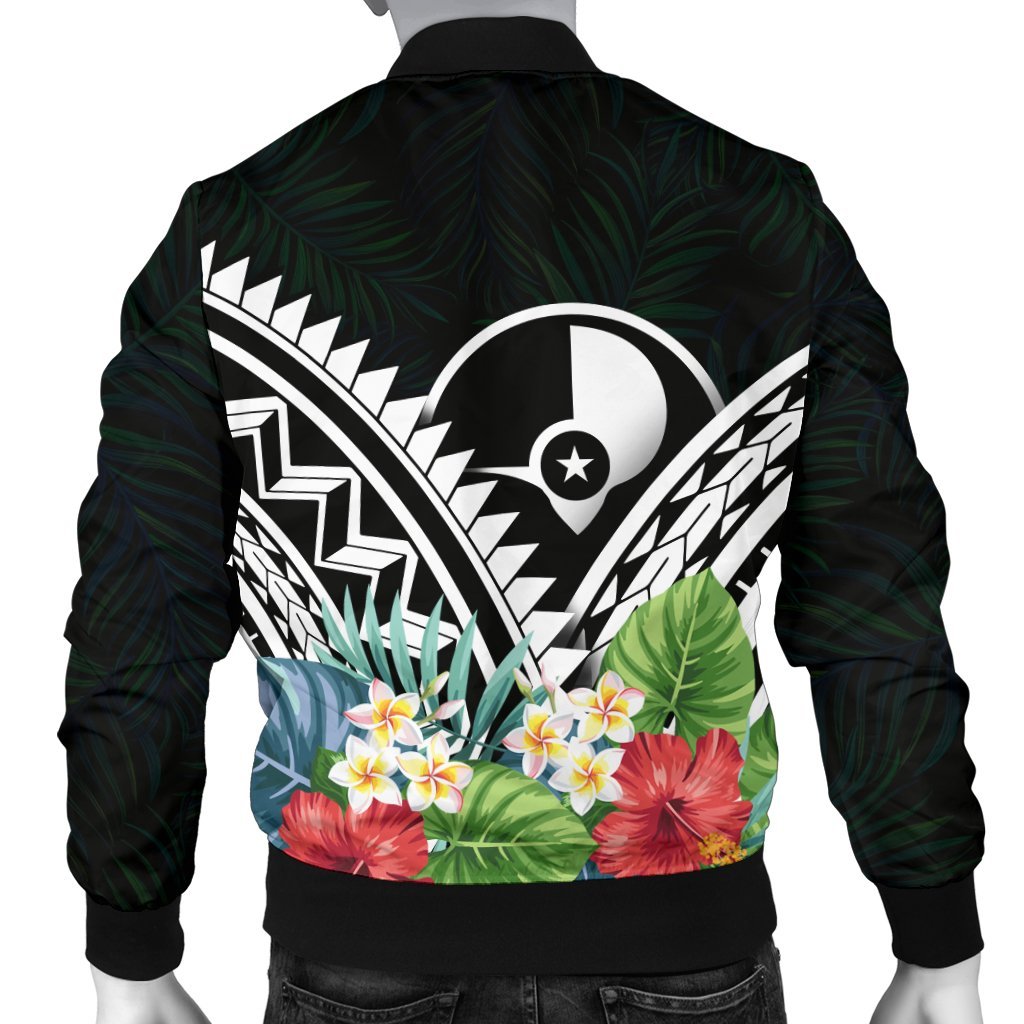 Yap Men's Bomber Jacket - Yap Coat of Arms & Polynesian Tropical Flowers White - Polynesian Pride
