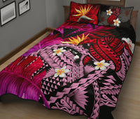 Kanaka Maoli (Hawaiian) Quilt Bed Set, Polynesian Pineapple Banana Leaves Turtle Tattoo Pink - Polynesian Pride
