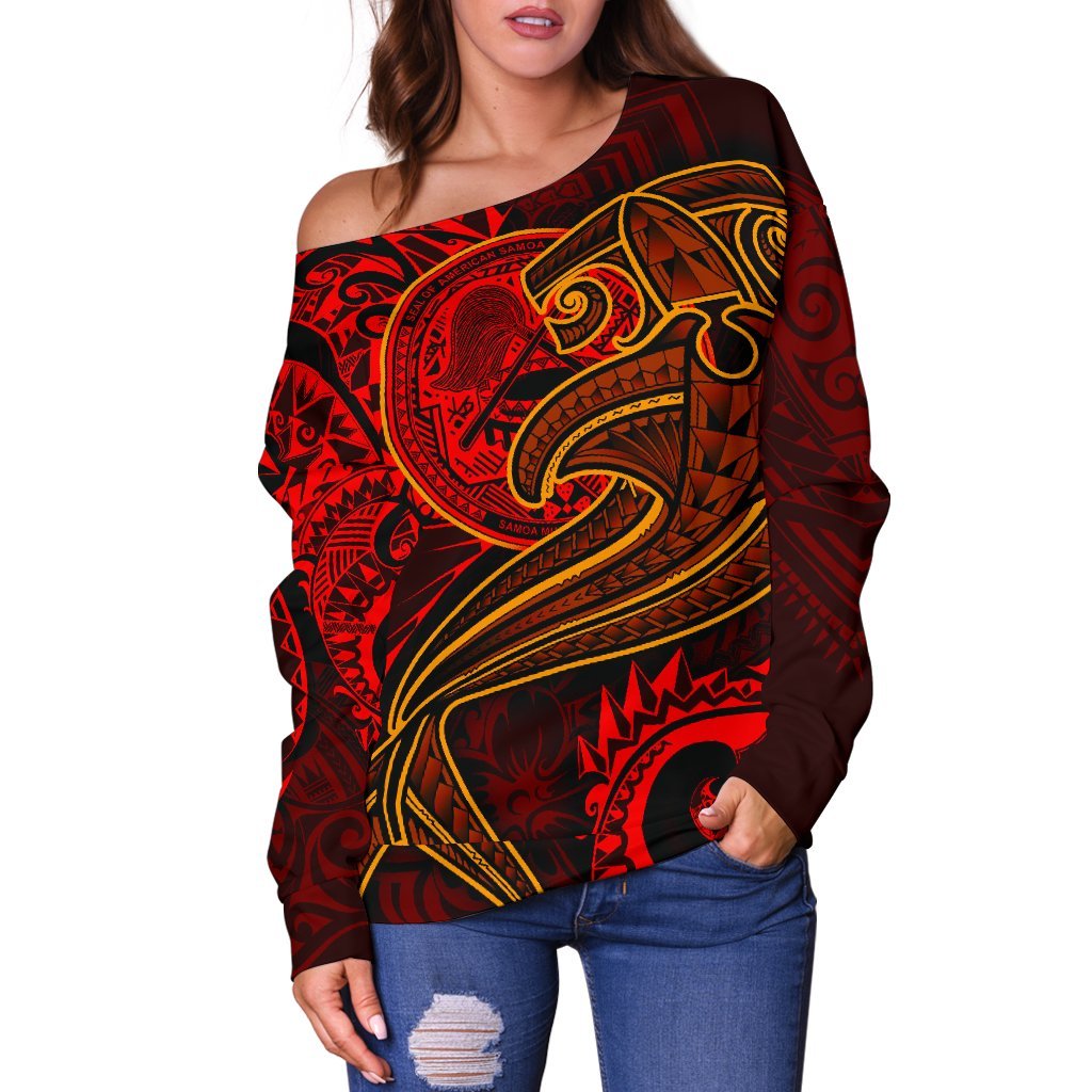 American Samoa Women's Off Shoulder Sweater - Red Shark Polynesian Tattoo - Polynesian Pride