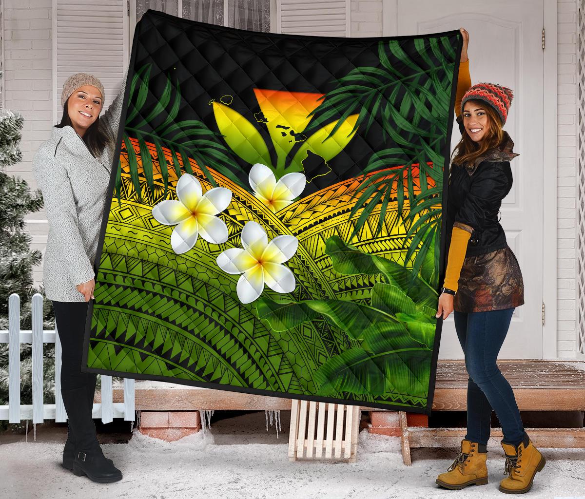 Kanaka Maoli (Hawaiian) Premium Quilt, Polynesian Plumeria Banana Leaves Reggae - Polynesian Pride