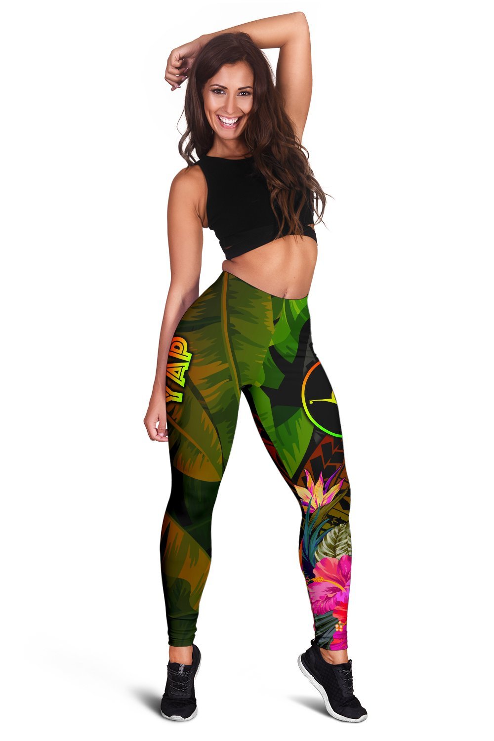 YAP Polynesian Women's Leggings - Hibiscus and Banana Leaves - Polynesian Pride