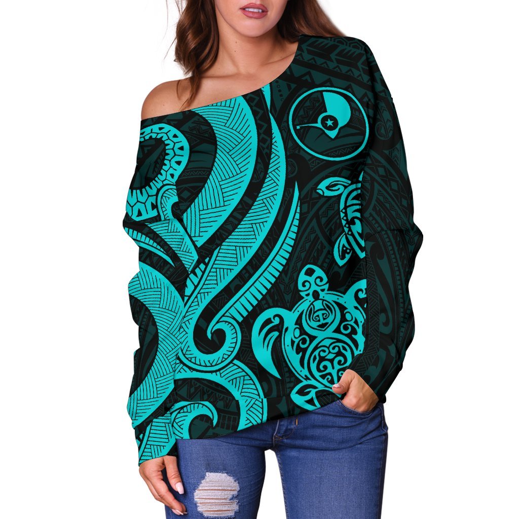 Yap Women Off Shoulder Sweater - Turquoise Tentacle Turtle - Polynesian Pride