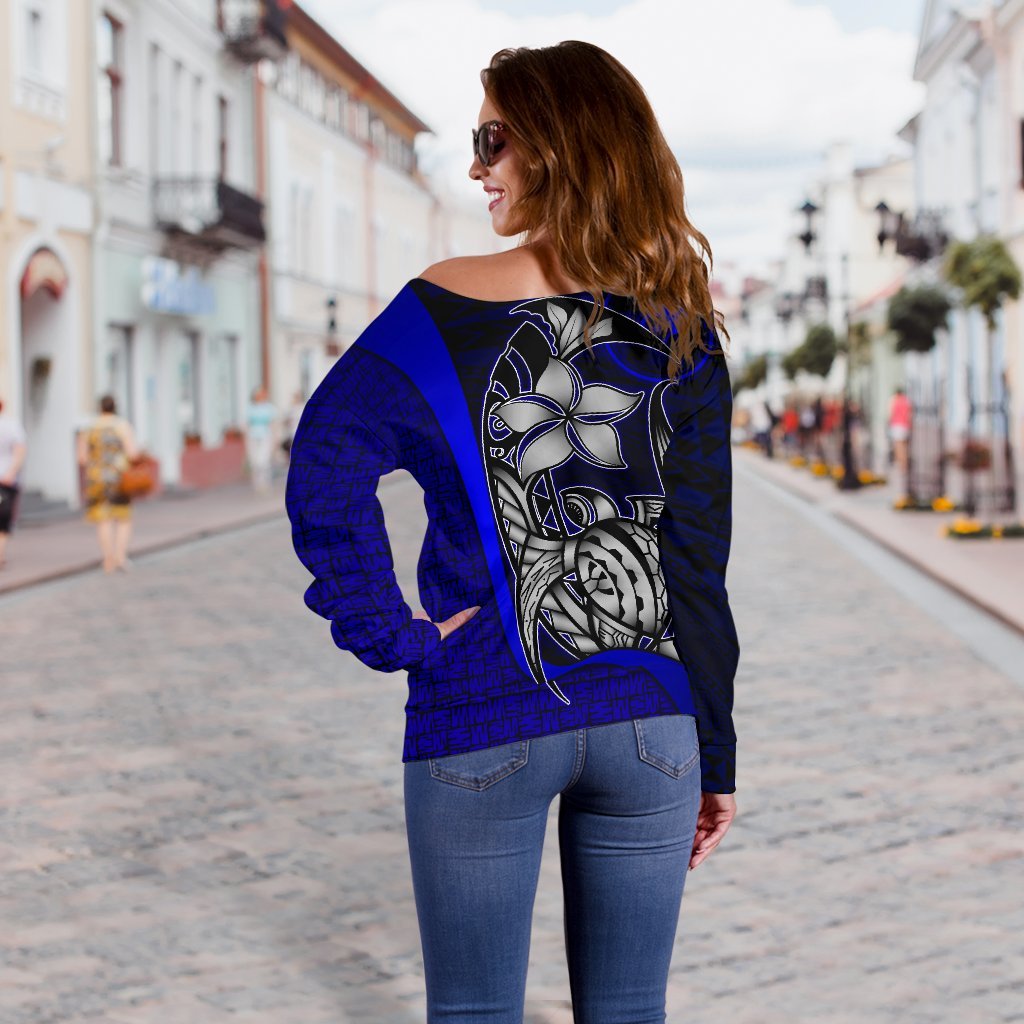 Yap Micronesia Women Off Shoulder Sweater Blue - Turtle With Hook - Polynesian Pride