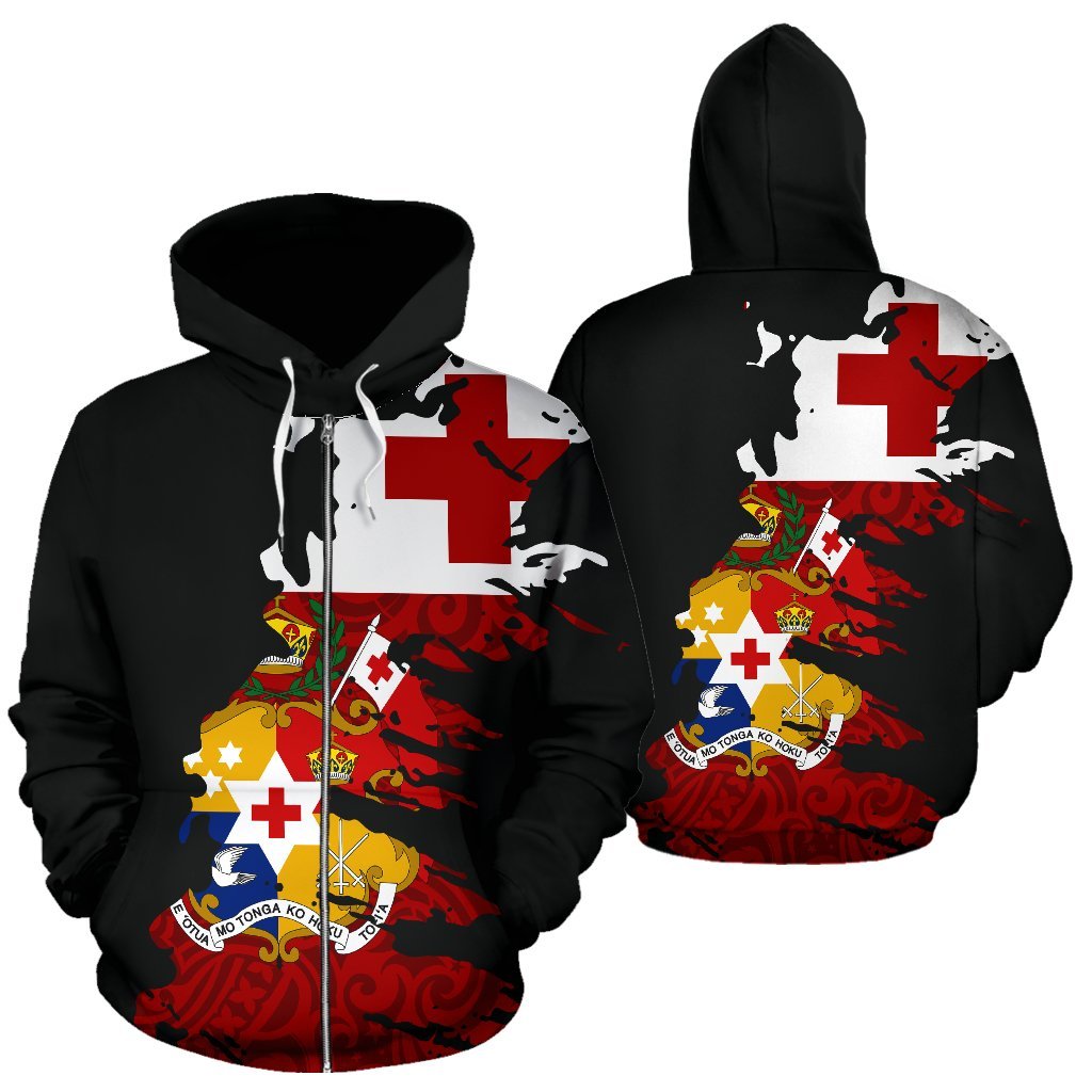 Tonga Polynesian Zip up Hoodie Tonga Flag COat of Arms Painting 01 Unisex Black - Polynesian Pride