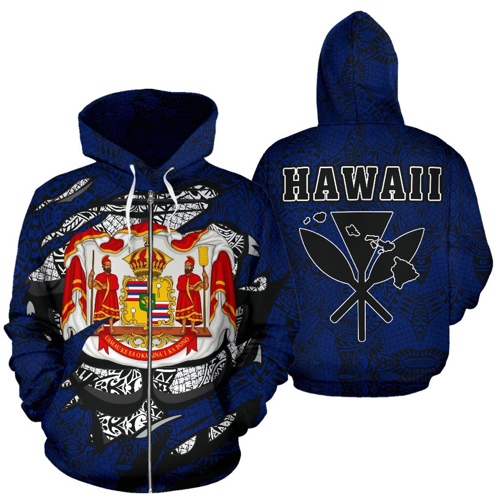 Polynesian Kanaka Maoli Royal Coat of Arms Hawaii Zip Hoodie Blue Unisex Blue - Polynesian Pride
