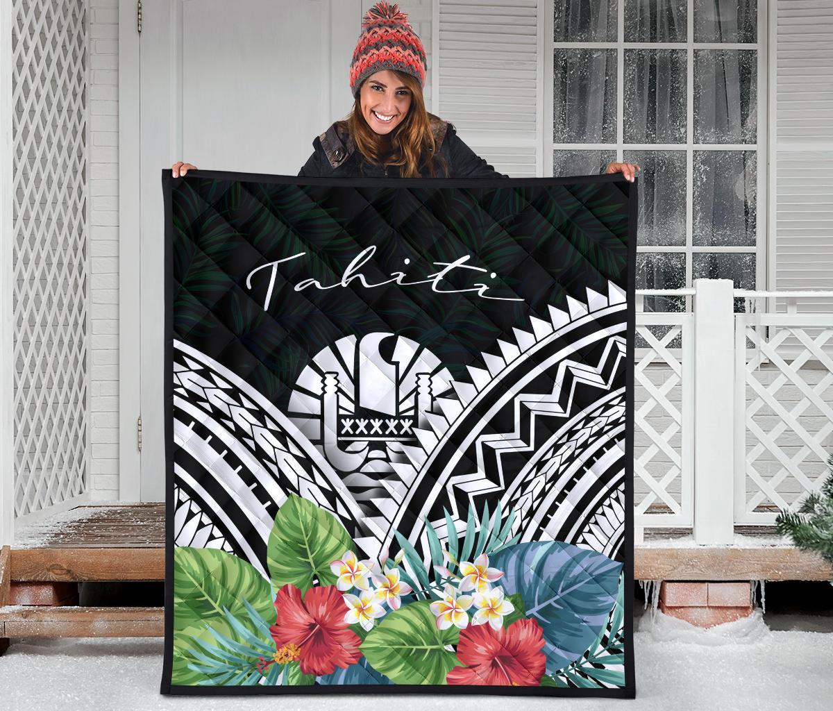 Tahiti Premium Quilt - Tahiti Coat of Arms & Polynesian Tropical Flowers White - Polynesian Pride
