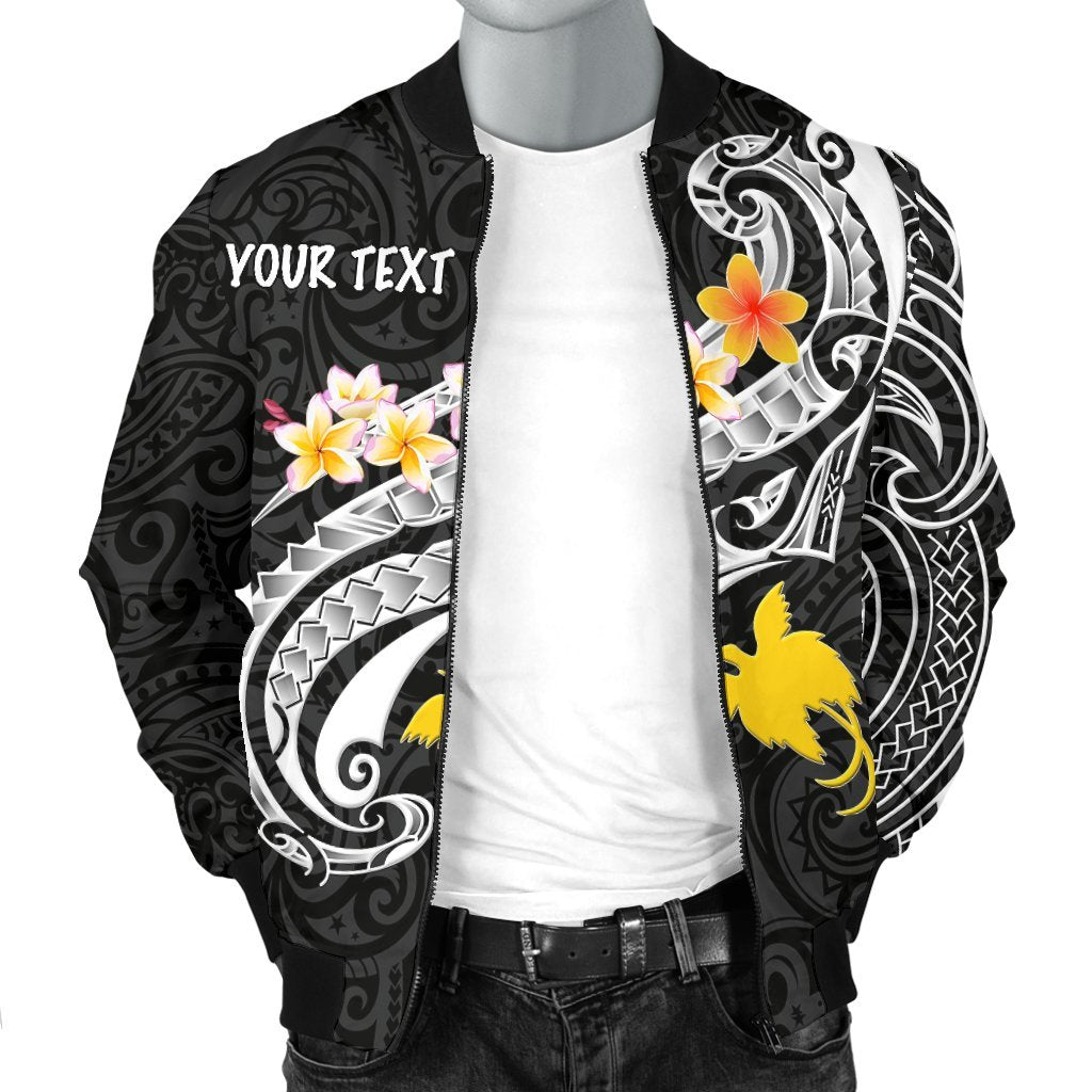 Papua New Guinea Custom Personalised Men's Bomber Jackets - PNG Seal Polynesian Patterns Plumeria (Black) - Polynesian Pride