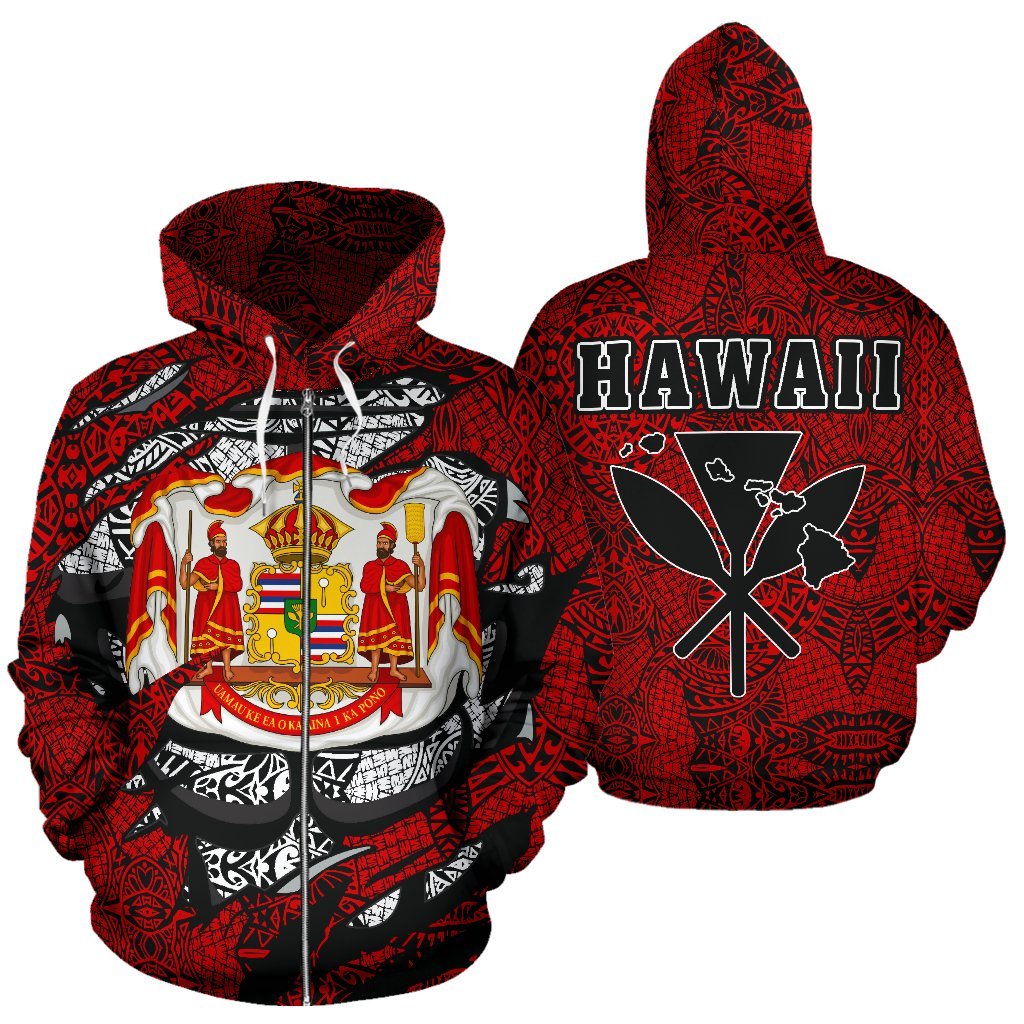 Polynesian Kanaka Maoli Royal Coat of Arms Hawaii Zip Hoodie Red Unisex Red - Polynesian Pride