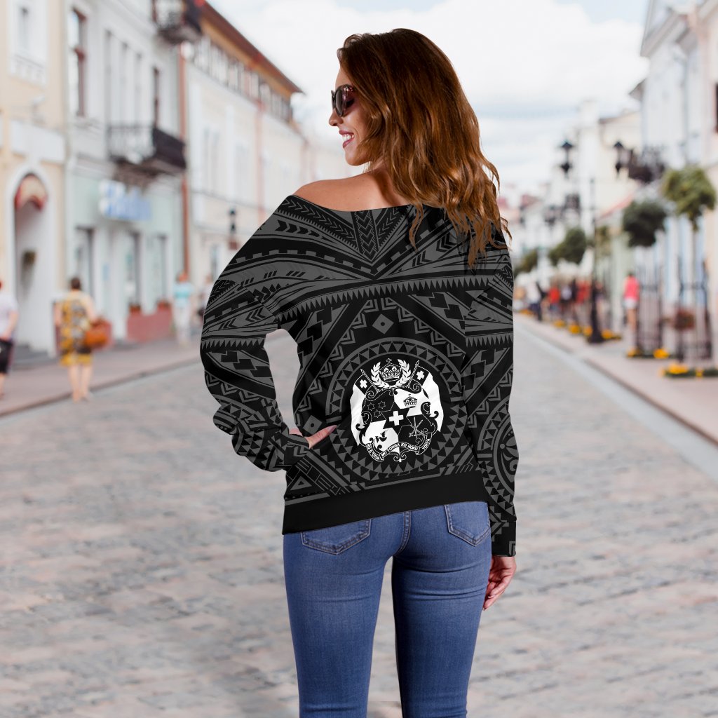 Tonga Women's Off Shoulder Sweater - Tonga Seal With Polynesian Tattoo Style (Black) - Polynesian Pride