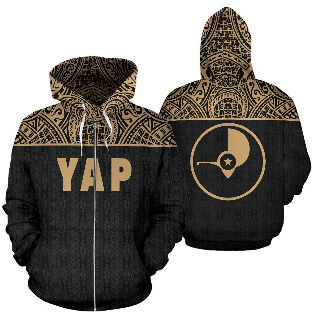 Yap All Over Zip up Hoodie Gold Version Unisex Black And Gold - Polynesian Pride