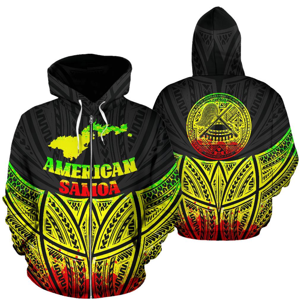 American Samoa Polynesian Zip up Hoodie Reggae Pride Map and Seal Unisex Reggae - Polynesian Pride