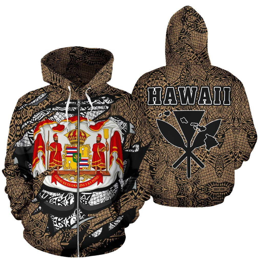 Polynesian Kanaka Maoli Royal Coat of Arms Hawaii Zip Hoodie Gold Unisex Gold - Polynesian Pride