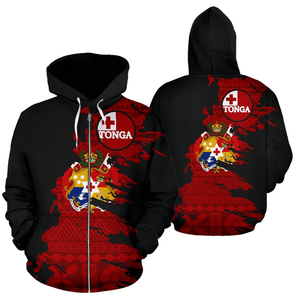 Tonga Tapa Zip up Hoodie Tonga Flag COat of Arms Painting Unisex Black - Polynesian Pride