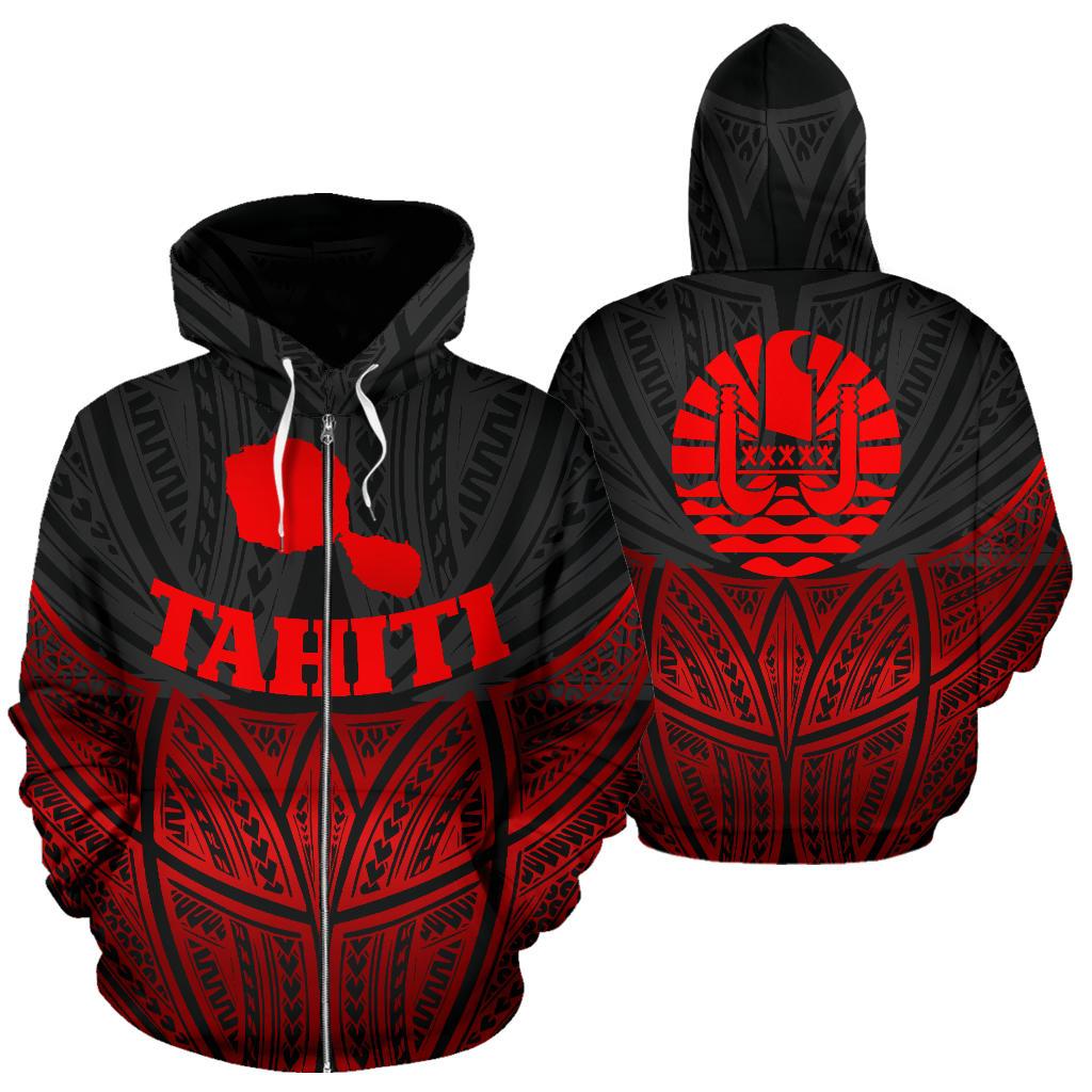 Tahiti Polynesian Zip up Hoodie Red Black Pride Map and Seal Unisex Black - Polynesian Pride