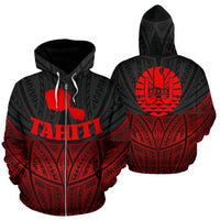 Tahiti Polynesian Zip up Hoodie Red Black Pride Map and Seal Unisex Black - Polynesian Pride