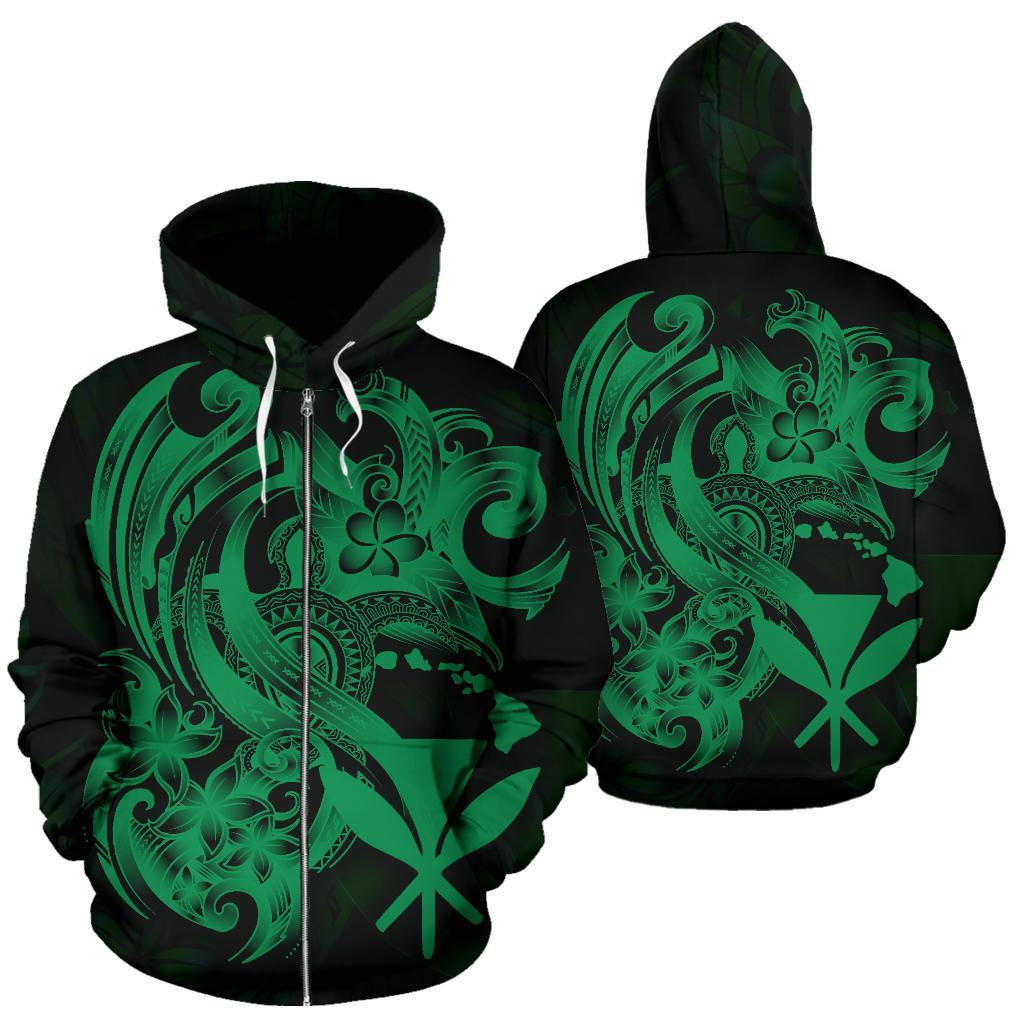 Polynesian Hawaii All Over Zip up Hoodie Kanaka Maoli Green Turtle Unisex Green - Polynesian Pride