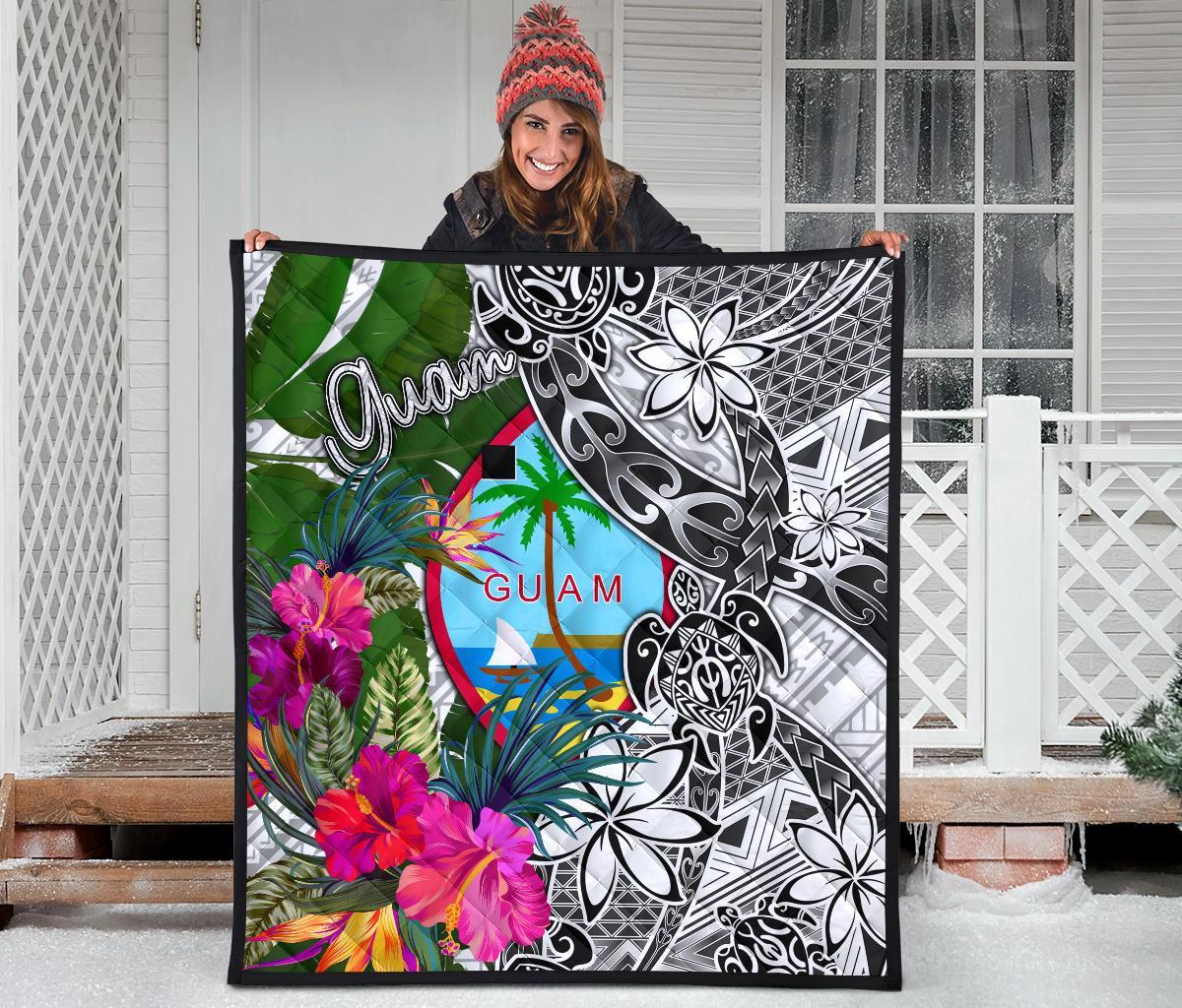 Guam Premium Quilt White - Turtle Plumeria Banana Leaf - Polynesian Pride