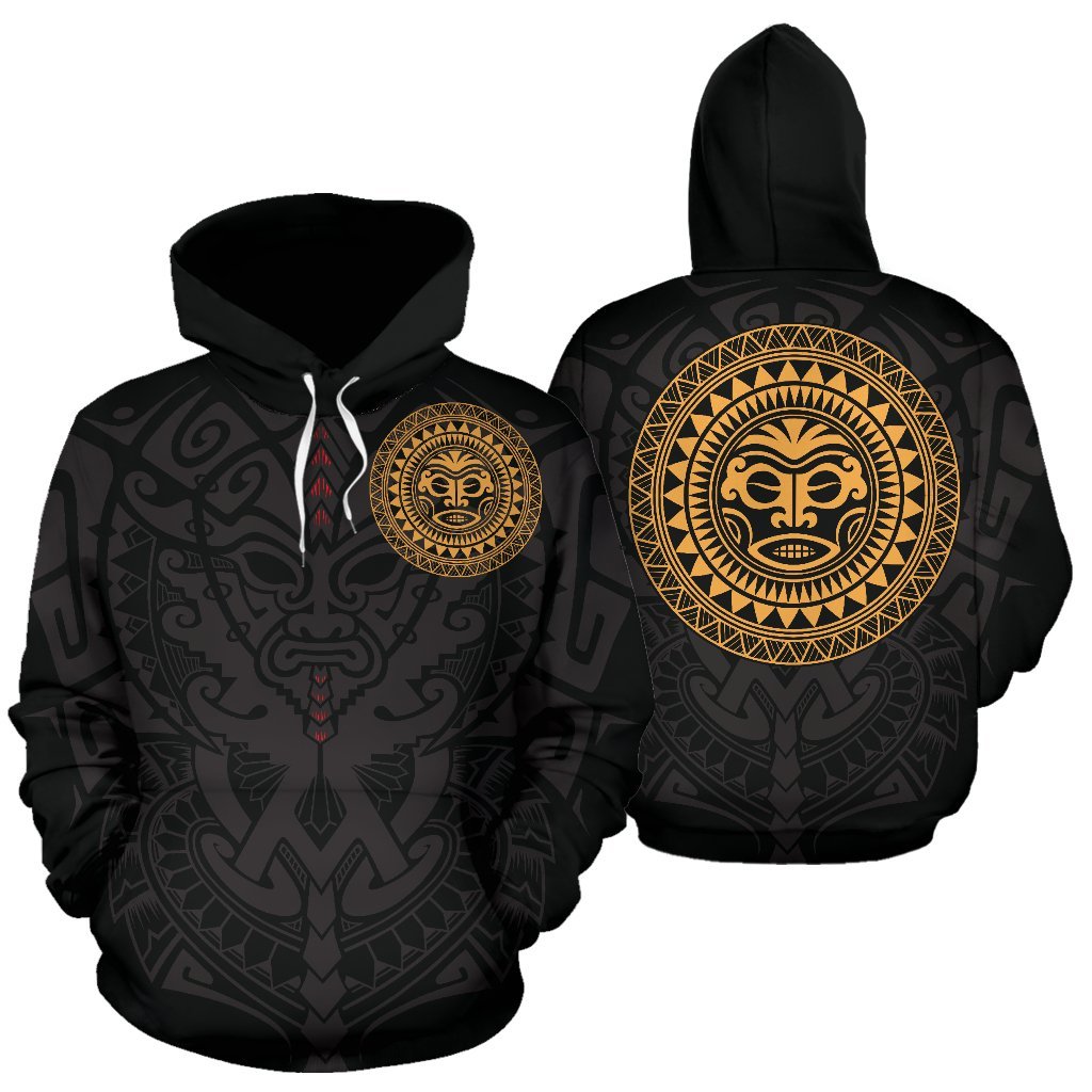 Polynesian All Over Hoodie Polynesian Face Tattoo 7 Unisex Black & GOLD - Polynesian Pride