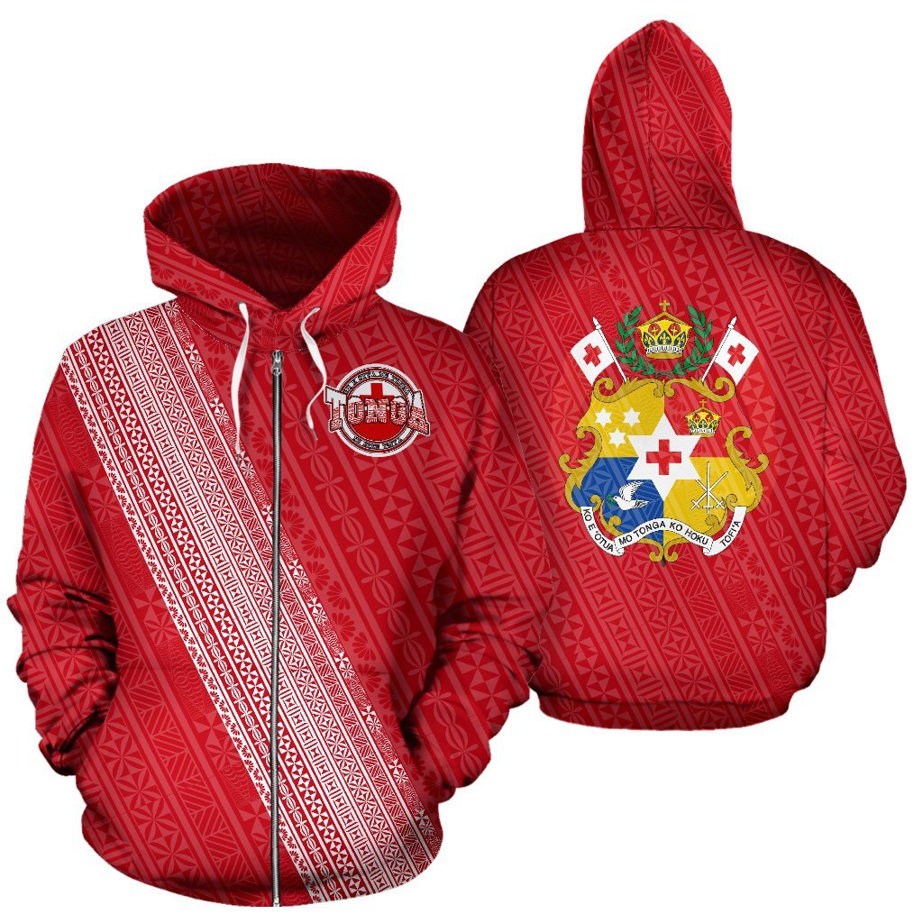 Tonga Zip up Hoodie Tonga Flag COat of Arms Patern Unisex Black - Polynesian Pride