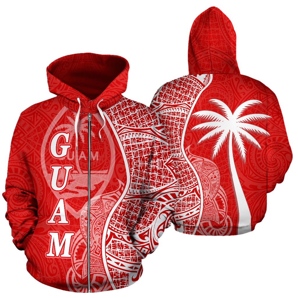 Guam Polynesian Zip up Hoodie Coconut Tree Red and White Unisex Red - Polynesian Pride