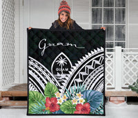 Guam Premium Quilt - Guam Coat of Arms & Polynesian Tropical Flowers White - Polynesian Pride