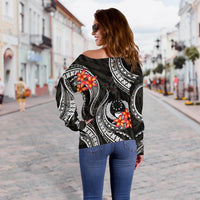 Pohnpei Micronesian Women Off Shoulder Sweater - Black Plumeria - Polynesian Pride