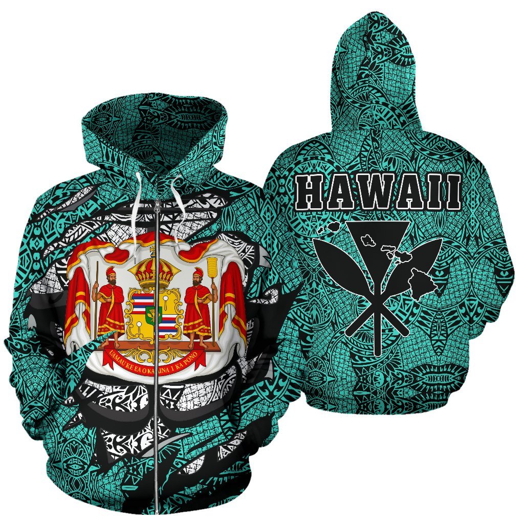 Polynesian Kanaka Maoli Royal Coat of Arms Hawaii Zip Hoodie Turquoise Unisex Turquoise - Polynesian Pride