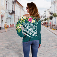 Guam Polynesian Women's Off Shoulder Sweater - Summer Plumeria (Turquoise) - Polynesian Pride