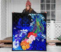 Guam Premium Quilt - Humpback Whale with Tropical Flowers (Blue) - Polynesian Pride