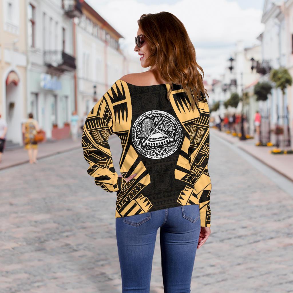 American Samoa Women's Off Shoulder Sweater - Polynesian Tattoo Gold - Polynesian Pride