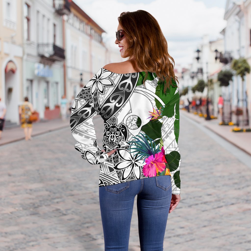 Yap Women's Off Shoulder Sweater White - Turtle Plumeria Banana Leaf - Polynesian Pride