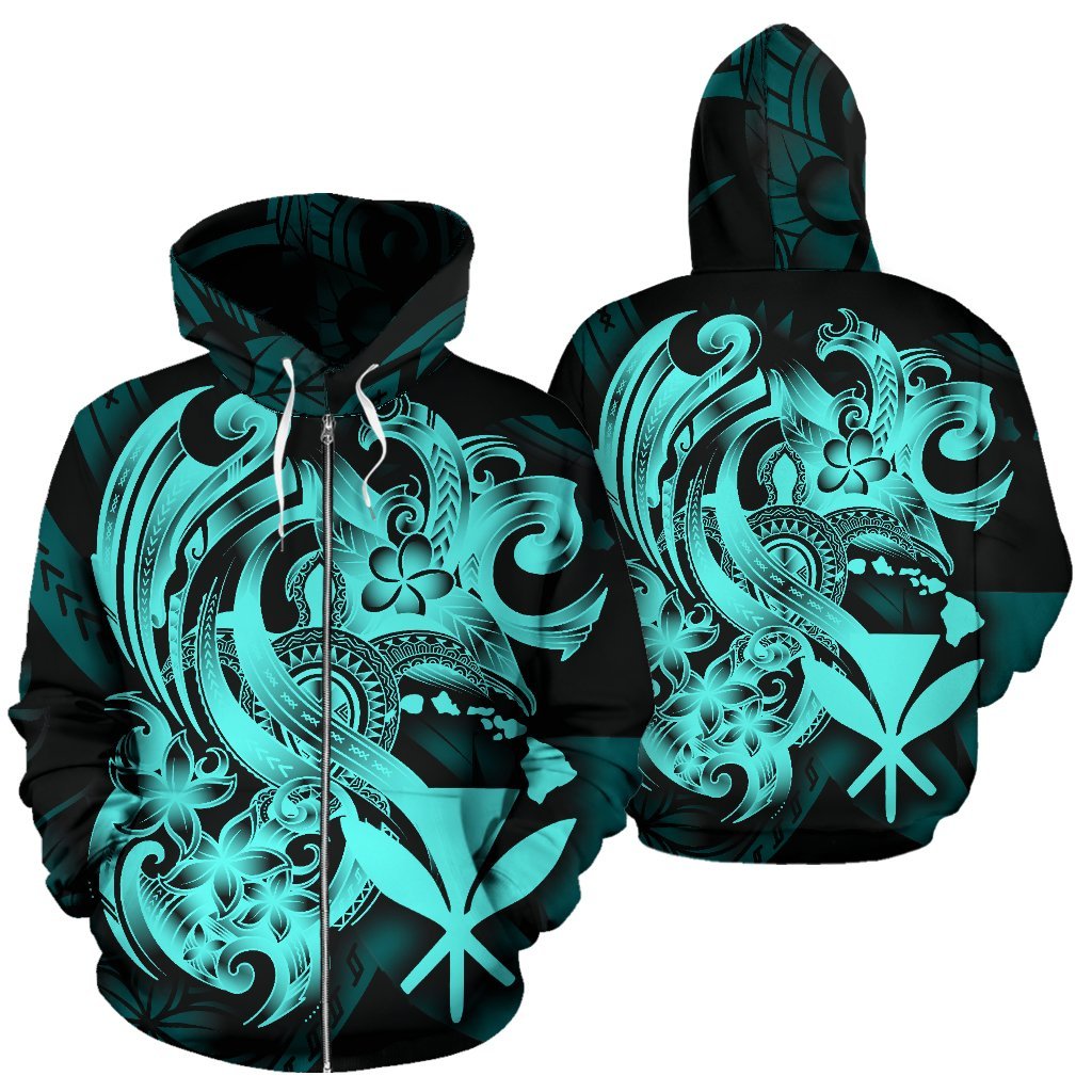 Polynesian Hawaii All Over Zip up Hoodie Kanaka Maoli Blue Turtle Unisex Blue - Polynesian Pride
