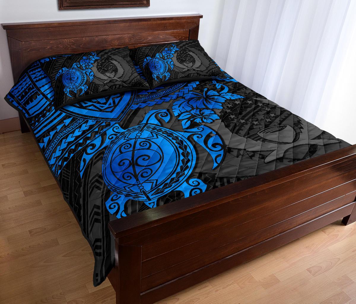 Pohnpei Polynesian Quilt Bed Set - Pohnpei Flag & Blue Turtle Hibiscus - Polynesian Pride