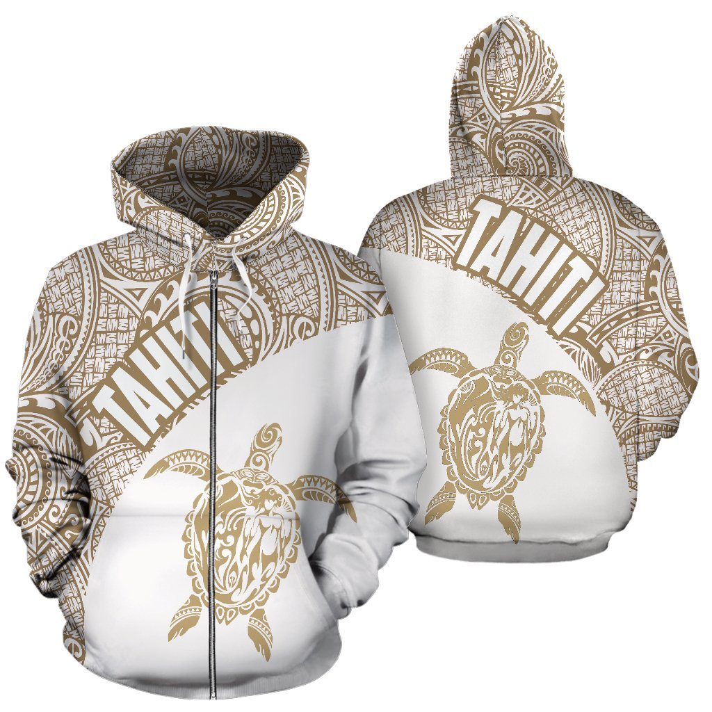 Tahiti Zip up Hoodie Tahiti Turtle Mermaid Polynesian Tattoo Golden White Version Unisex White - Polynesian Pride