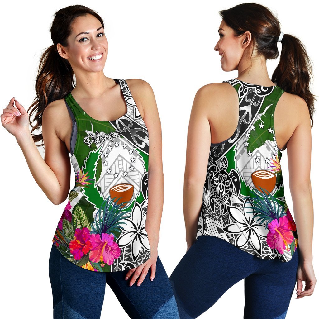 Pohnpei Women's Racerback Tank White - Turtle Plumeria Banana Leaf - Polynesian Pride