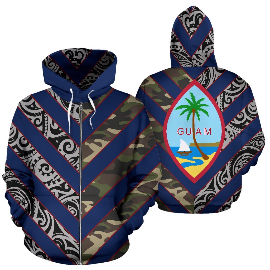 Guam Polynesian Zip Hoodie Guam Coat of Arms Camo Style Unisex Black - Polynesian Pride