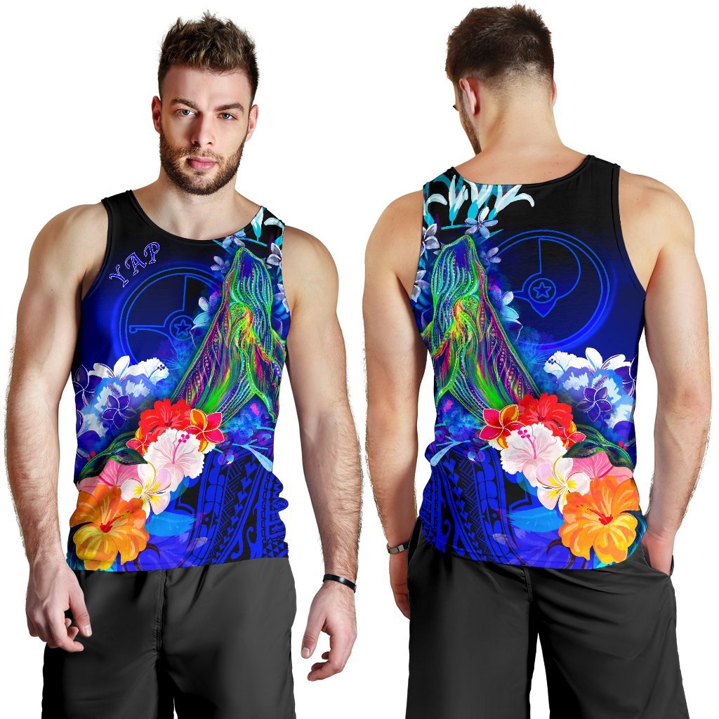 Yap Men's Tank Top - Humpback Whale with Tropical Flowers (Blue) - Polynesian Pride