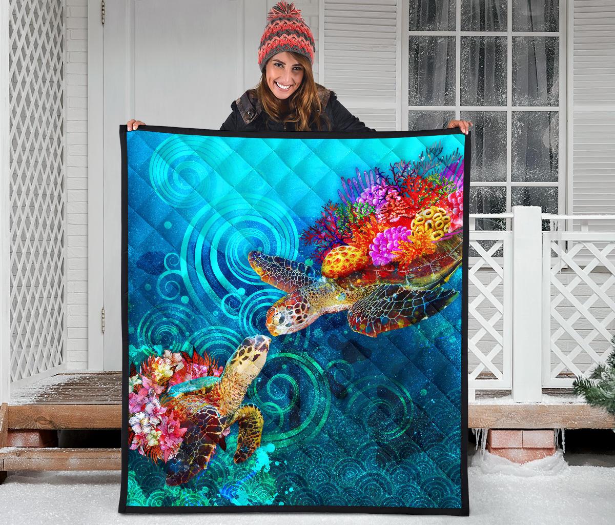 Hawaii Polynesian Premium Quilt - Sea Turtle Coral Treasure - Polynesian Pride