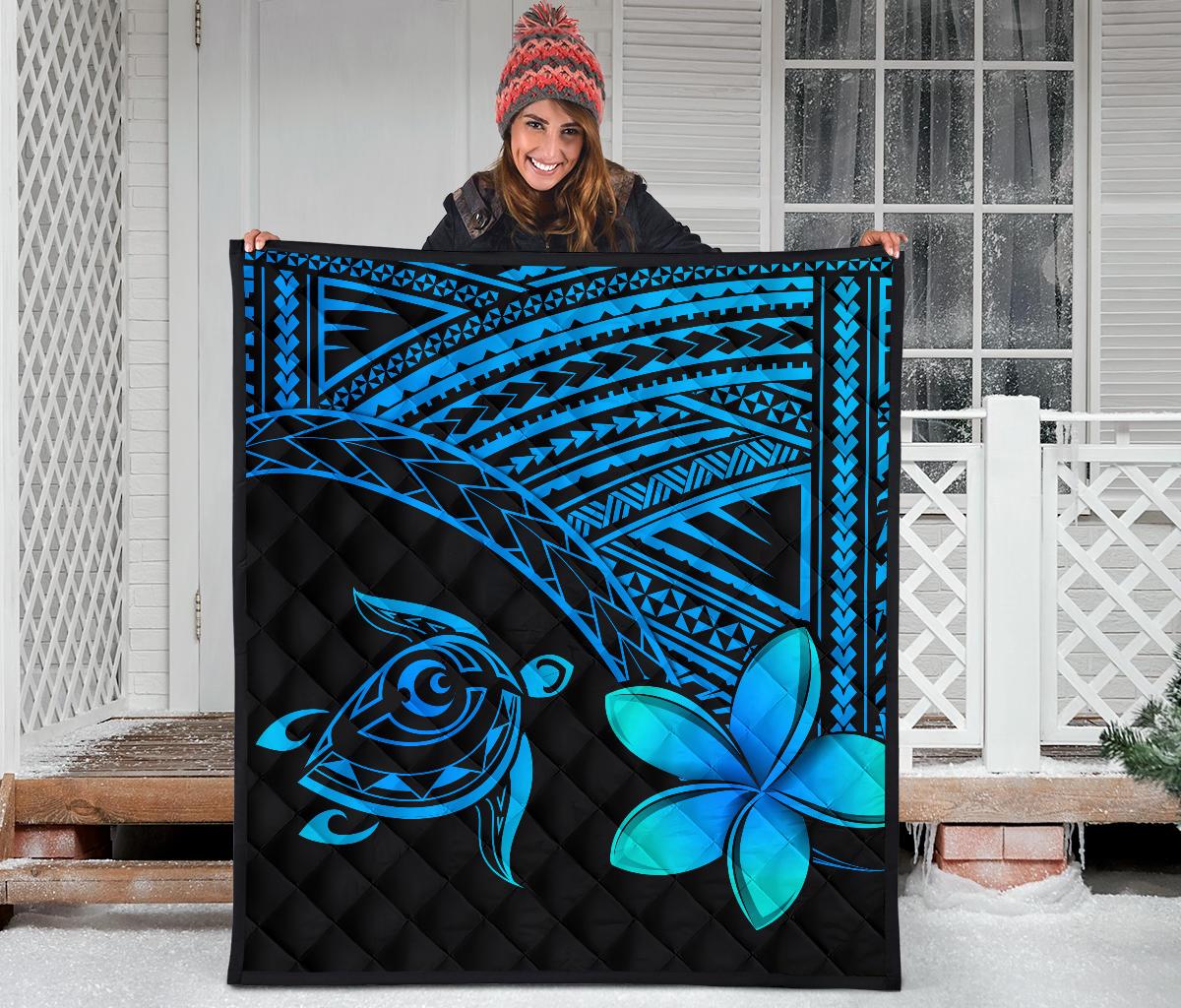 Hawaii Quilt - Hawaii Turtle Plumeria Quilt Blue - Polynesian Pride