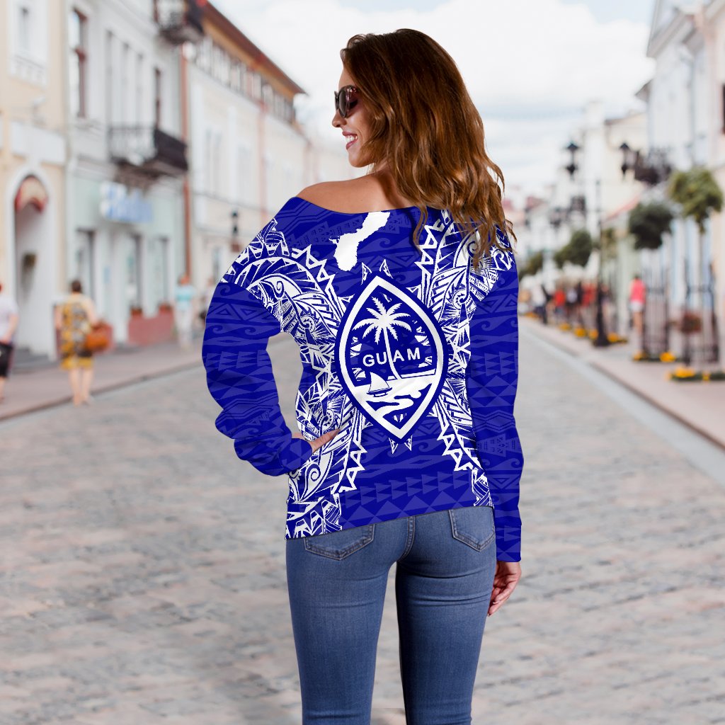Guam Polynesian Shoulder Sweater Map Blue - Polynesian Pride