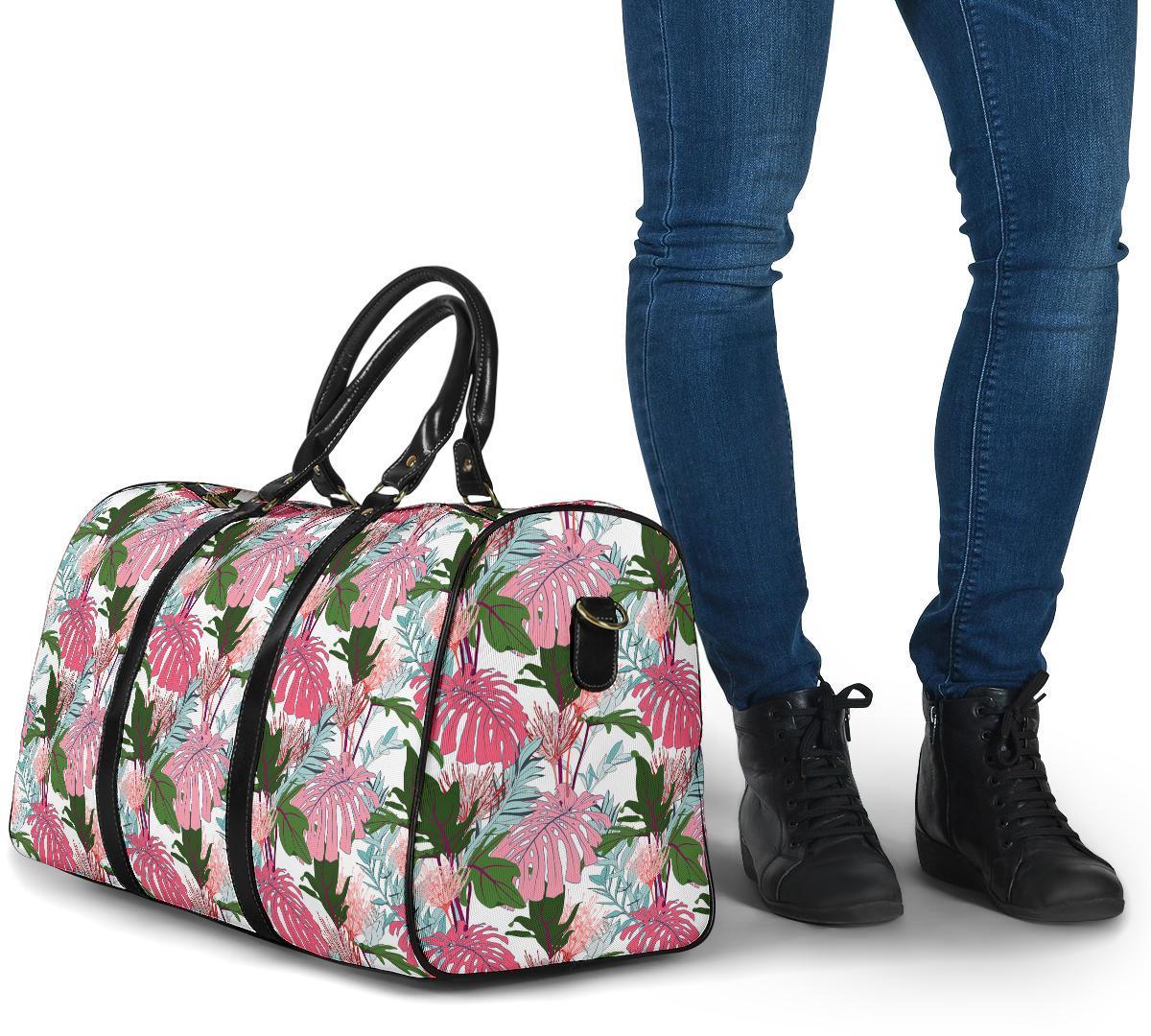 Pink Monstera And Green Tropical Leaves White Hawaii Travel Bag - Polynesian Pride