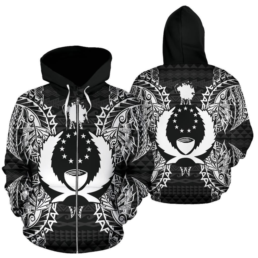 Pohnpei Polynesian All Over Zip up Hoodie Map Black Unisex Black - Polynesian Pride
