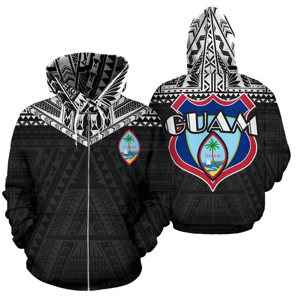 Guam Zip up Hoodie Guam Coat of Arms Polynesian Tattoo A5 Unisex Black - Polynesian Pride