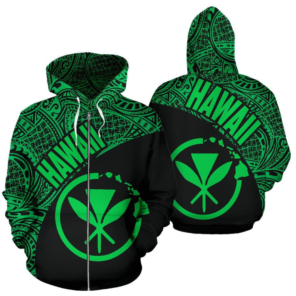 Hawaii Zip up Hoodie Hawaii Kanaka Maoli Polynesian Tattoo Black Green Version Unisex Black - Polynesian Pride