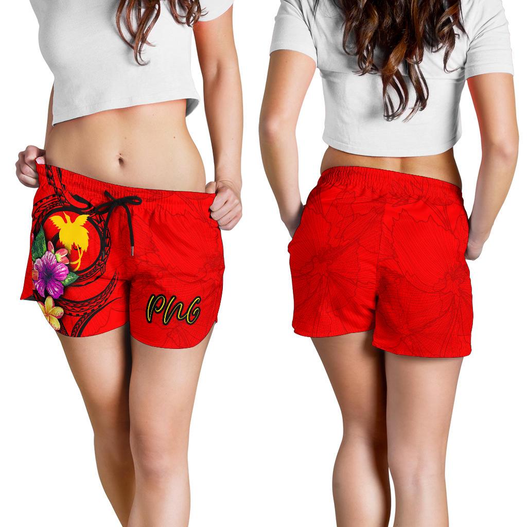 Papua New Guinea Polynesian Women's Shorts - Floral With Seal Red Red - Polynesian Pride